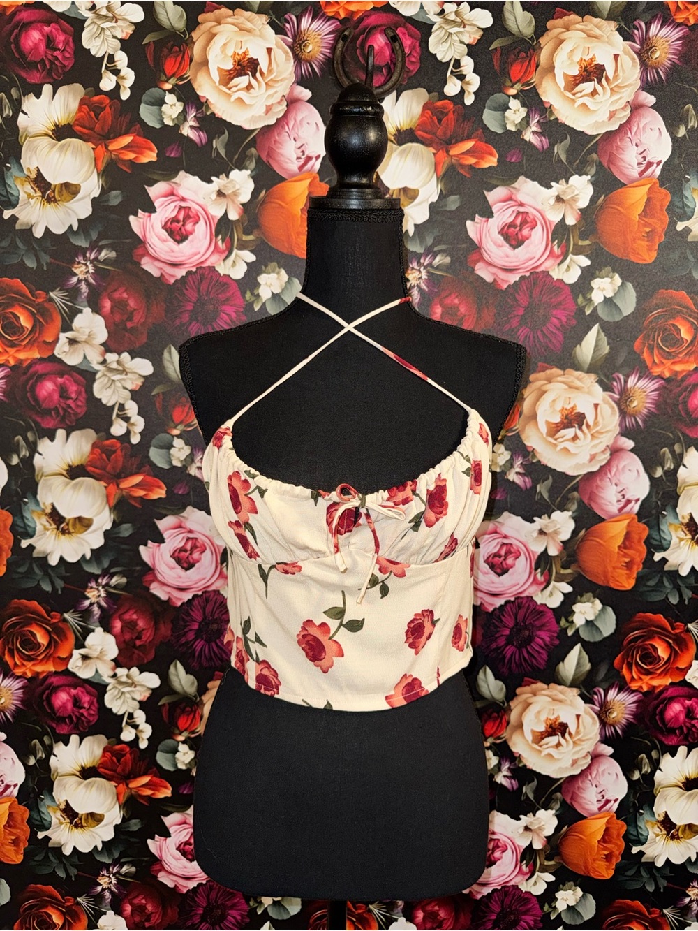 Kittenish Cream Floral Crisscross Crop Top with Red Rose Print, NWT, L